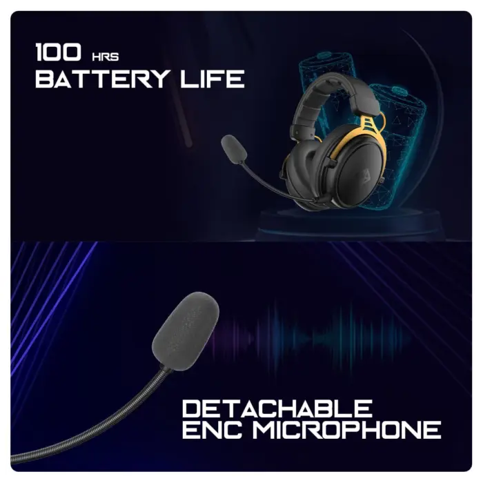 Cosmic Byte Hades 2.4Ghz Wireless + Bluetooth Headphone, 20ms Latency, 100Hrs Battery Life, 53mm Driver (Black) - Image 4