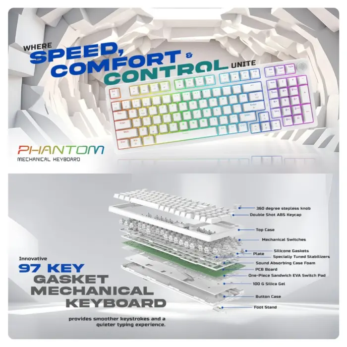 Cosmic Byte Phantom GK41 Gasket Mechanical Wired Swappable Keyboard with PreLubed Switches (White) - Image 7