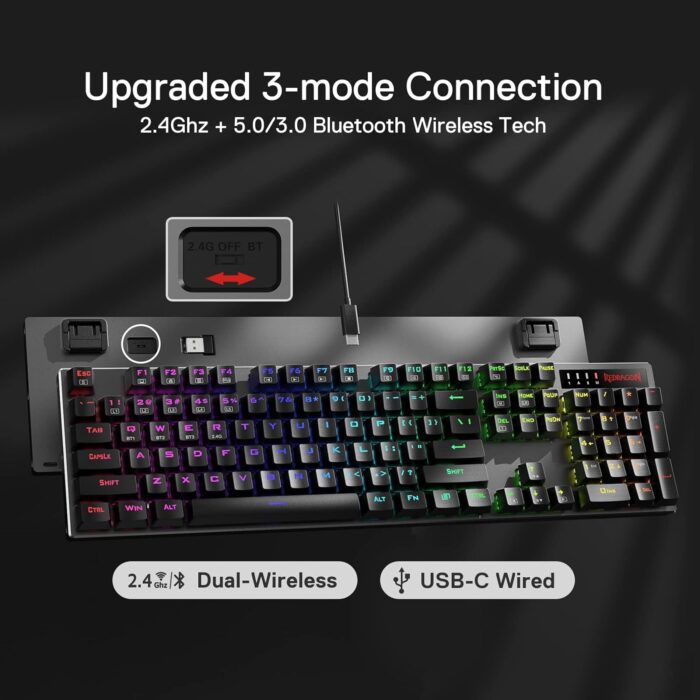 Redragon Dharma Pro K556 Pro - 104 Keys Bluetooth+2.4Ghz+Wired Mechanical Keyboard (Quiet Linear Red Switch) - Image 2