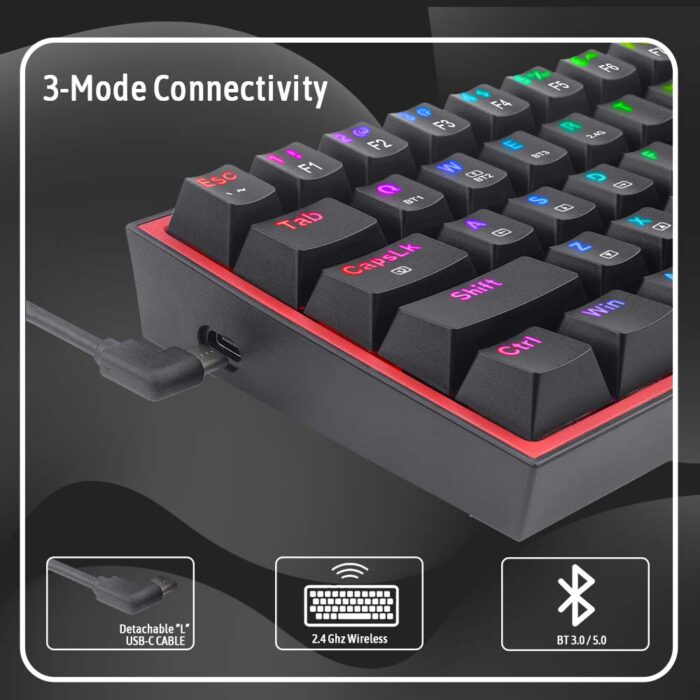 Redragon Fizz Pro K616 - 60% Wired+2.4Ghz+BT Mechanical Keyboard Black (Red Switch) - Image 6