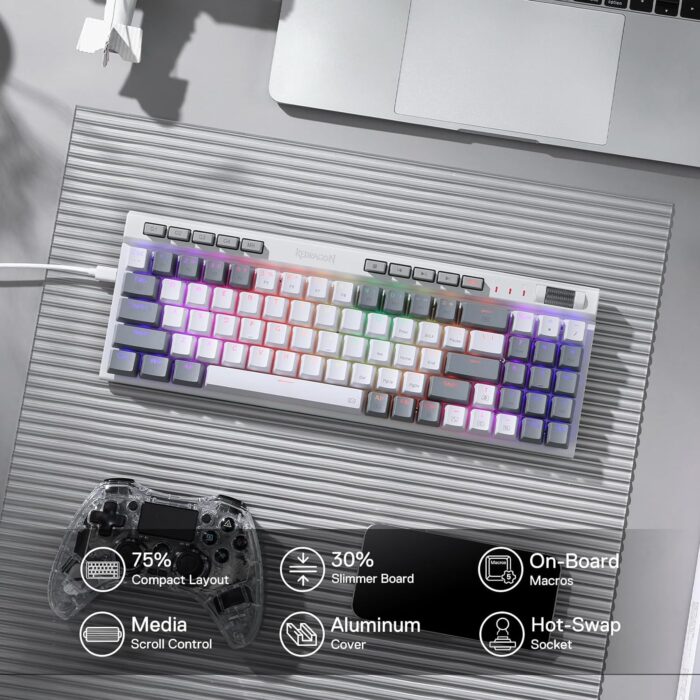 Redragon Magicwand SE K655 75% Wired Mechanical Keyboard White and Grey (Quiet Linear Red Switch) - Image 8
