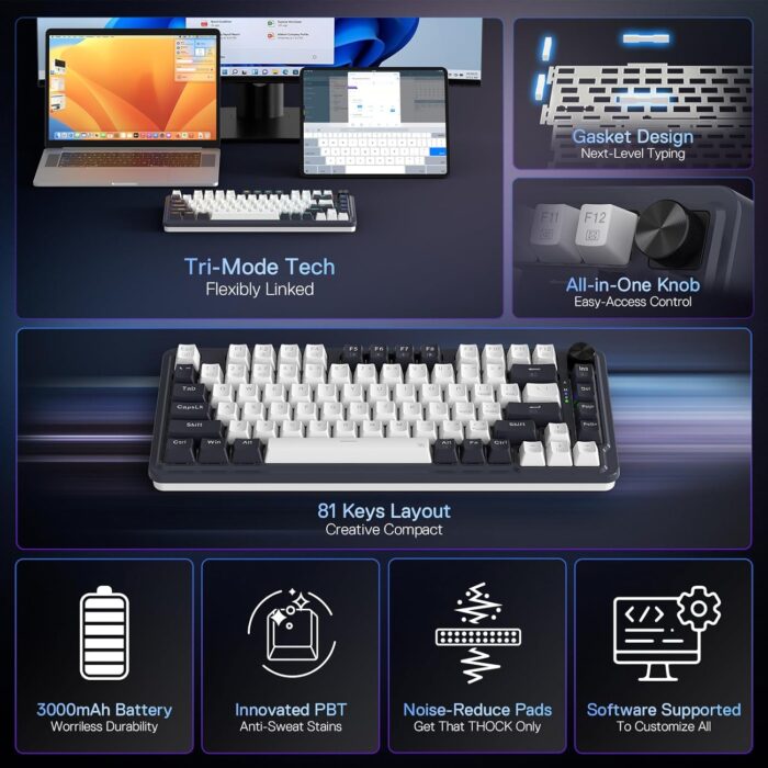 Redragon Ucal Pro K673 Pro - 75% Wired+2.4Ghz+BT Mechanical Keyboard White and Black ( Linear Red Switch) - Image 2