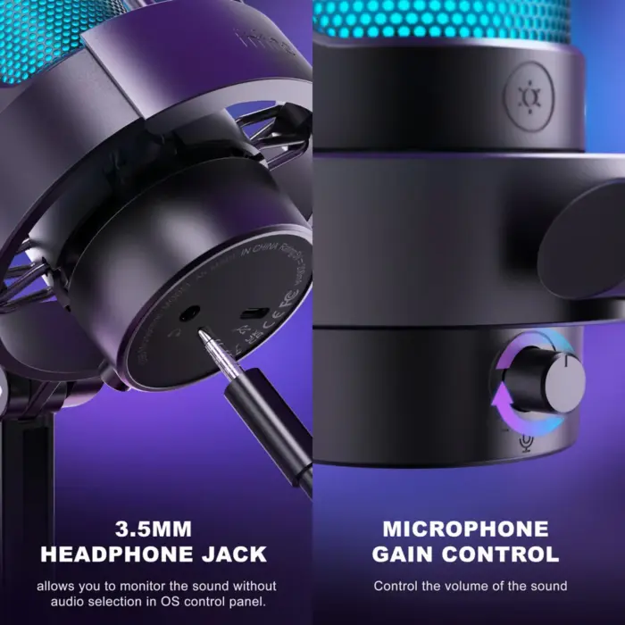 FIFINE AmpliGame A8 USB Mic with Controllable RGB, Live Monitoring, Input Dial, Pop Filter for Streaming - Image 4